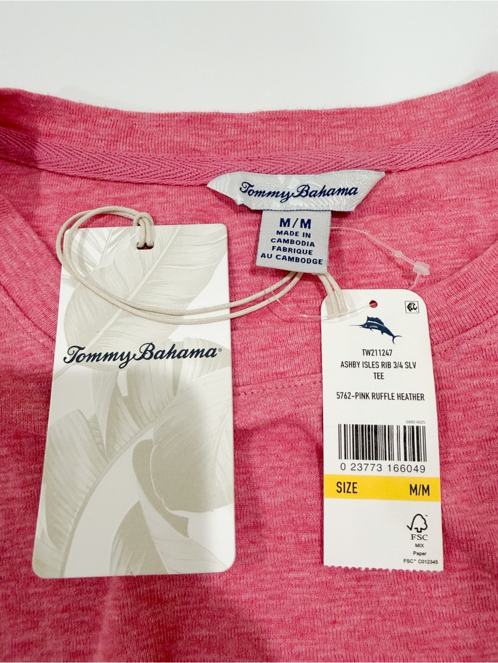 Tommy Bahama Ashby Isles Rib 3/4 Sleeve Tee Pink Heather Crewneck M NWT - Picture 12 of 12